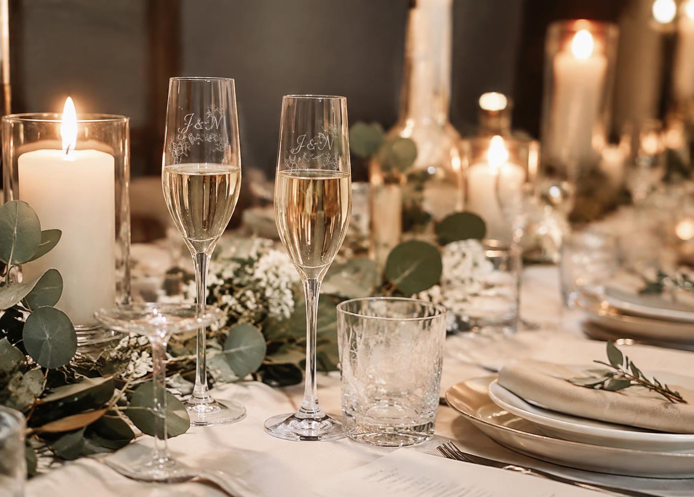 Bröllopsbord med graverade champagneglas